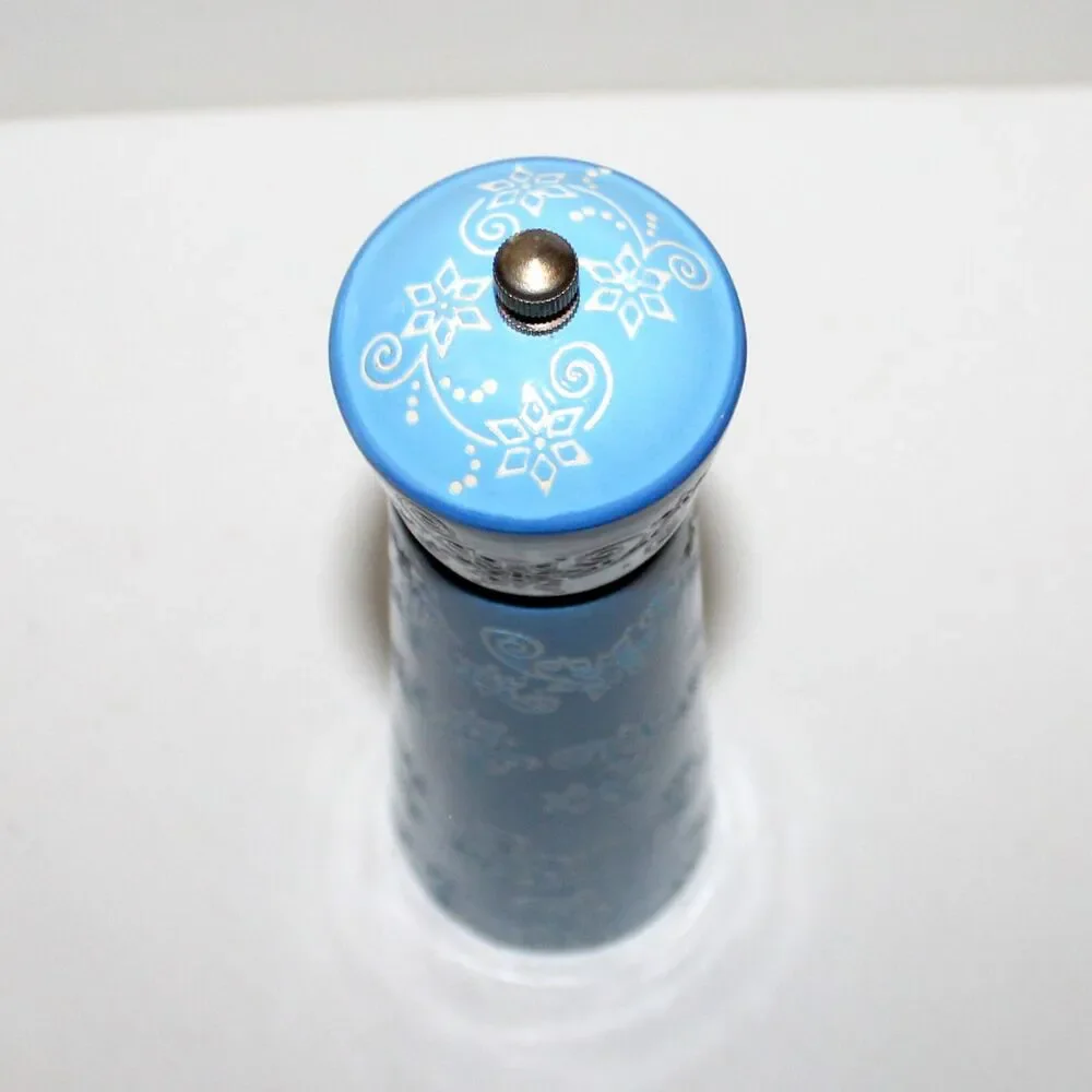 Temptations Pepper Grinder mill ceramic Blue Floral Lace Winter 10” white